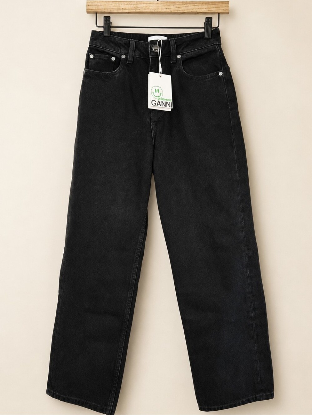 GANNI Misy Cropped Jeans 25W/34L Washed Black High Rise Straight Leg NWT